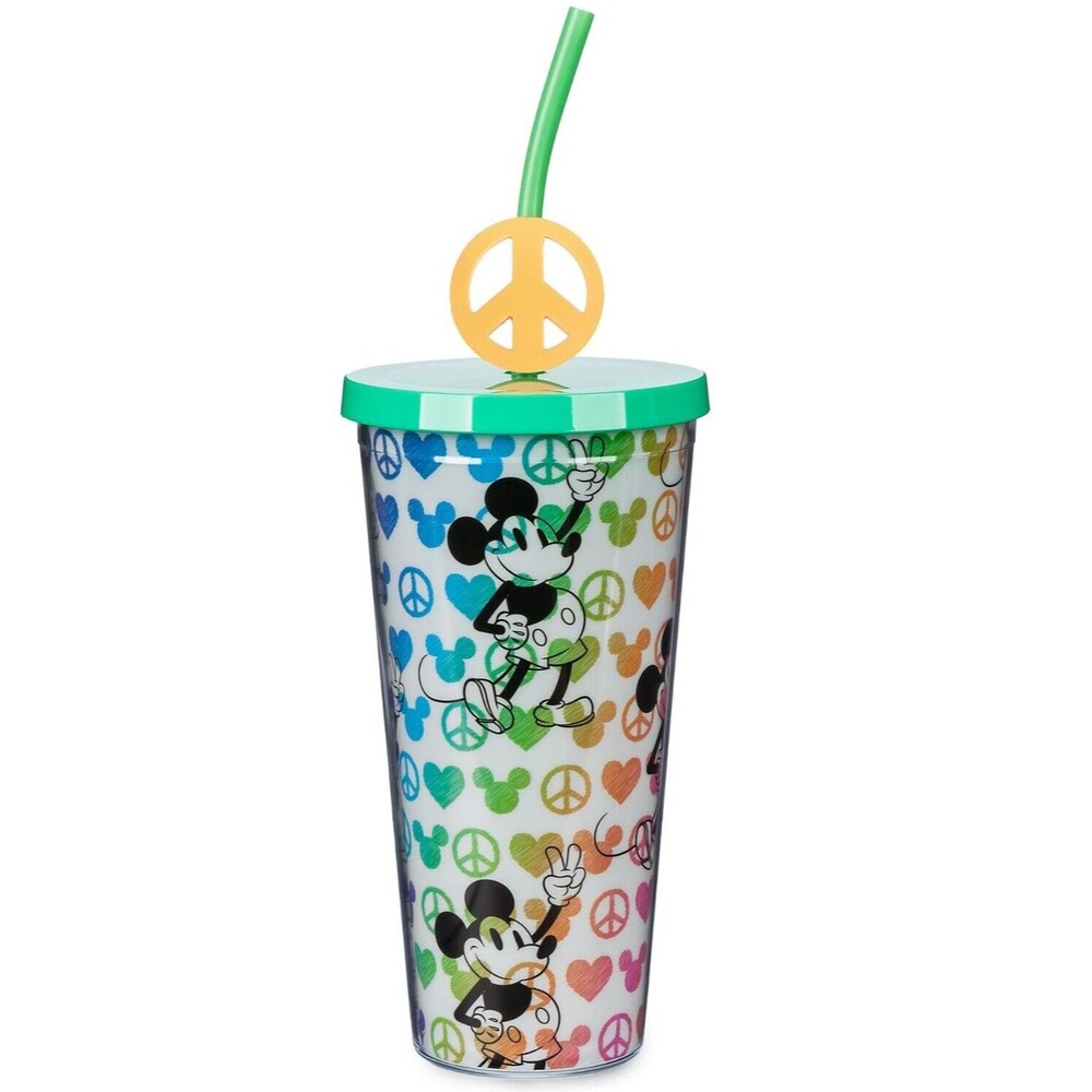 Disney Parks Mickey Mouse Peace And Love Tumbler With Straw And Straw Charm